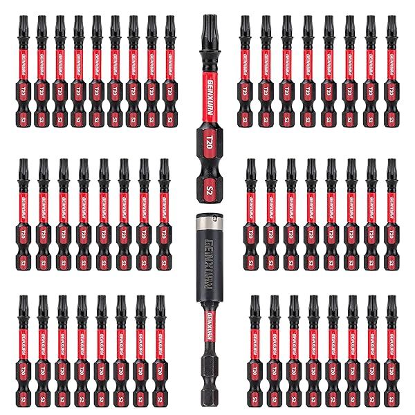 GEINXURN 50 Pieces T20 2 Inch Impact Tough Magnetic Torx Head Power Bits Set S2 Alloy Steel with Impact Bit Holder