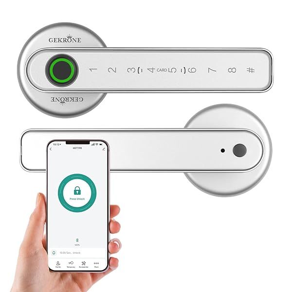GEKRONE Fingerprint Smart Lever Lock with TUYA APP Control Keyless Entry Bluetooth Touchscreen Biometric Digital Door Knob for Home and Office