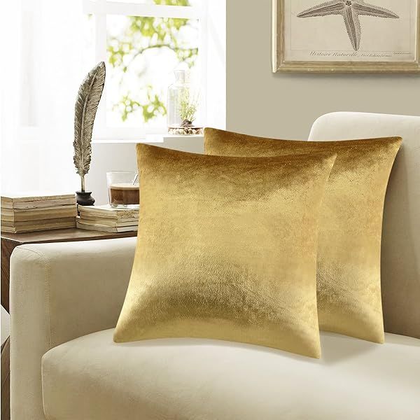 GIGIZAZA 16x16 Velvet Throw Pillow Covers - Set of 2 Gold Boho Cushions for Couch & Sofa