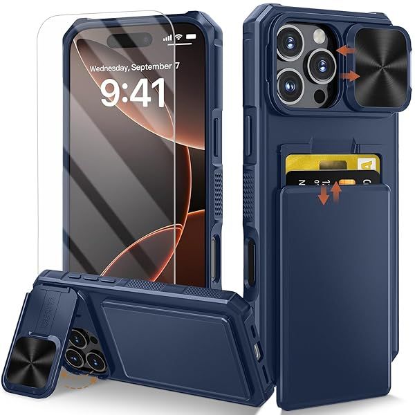GIVELOT 5 in 1 iPhone 16 Pro Max Case with Card Holder Slide Camera Cover Stand Selfie Holder and 9H Screen Protector Heavy Duty Blue