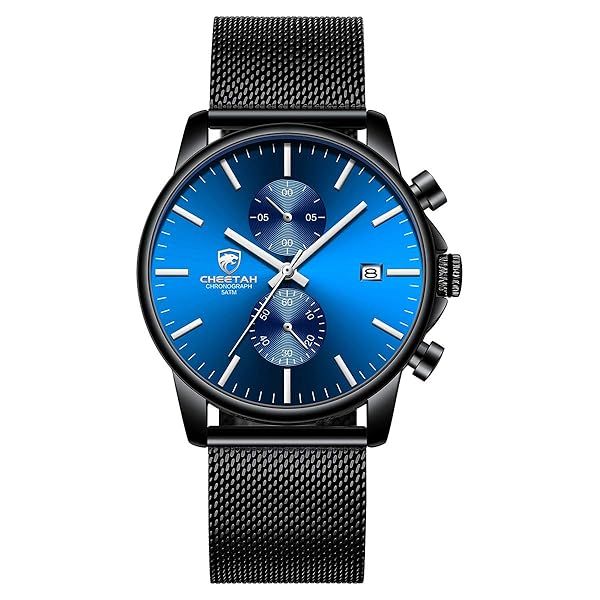GOLDEN HOUR Men's Waterproof Sport Quartz Watch Stainless Steel Chronograph Black Blue Face Fashionable Auto Date Timepiece