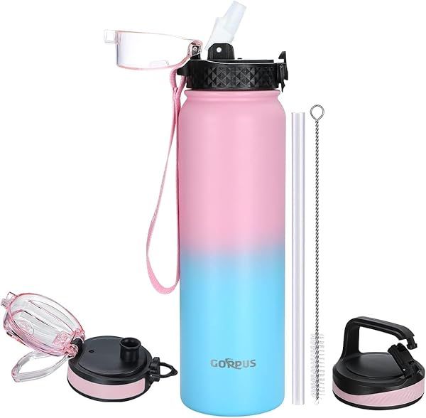GOPPUS 32 oz Insulated Stainless Steel Sports Water Bottle with Straw and Wide Mouth Lid Leakproof Reusable Metal Bottle Pink Blue 3 Lids