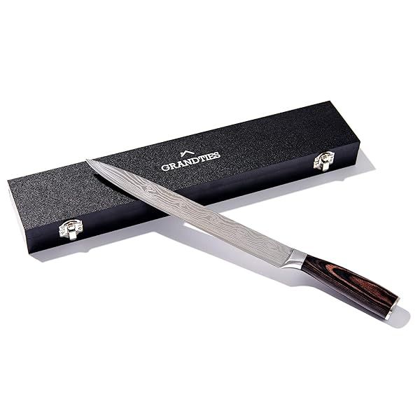 "GRANDTIES 10" Damascus Slicing Knife - High Carbon German Steel, Ergonomic Pakkawood Handle, Perfect Gift for Chefs"