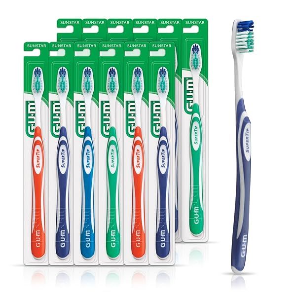 GUM Super Tip Toothbrush Soft Bristle for Adults with Tongue Cleaner Compact Head Pack of 12