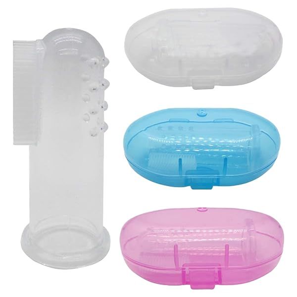 Gadgetime USA Baby Finger Toothbrush Set of 3 Silicone Toddler Training Toothbrushes with Cases in Blue Pink and Clear for Easy Oral Hygiene