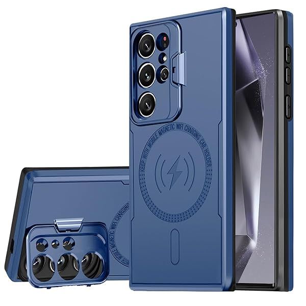 Galaxy S24 Ultra 5G Phone Case with Camera Lens Protector and Kickstand Military Grade Shockproof Cover for 6.8 Inch Blue