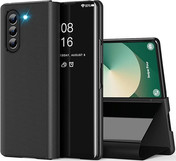 Galaxy Z Fold 6 Clear View Mirror Flip Cover Case with Kickstand PU Leather Protective Case for Samsung Galaxy Z Fold 6 Black