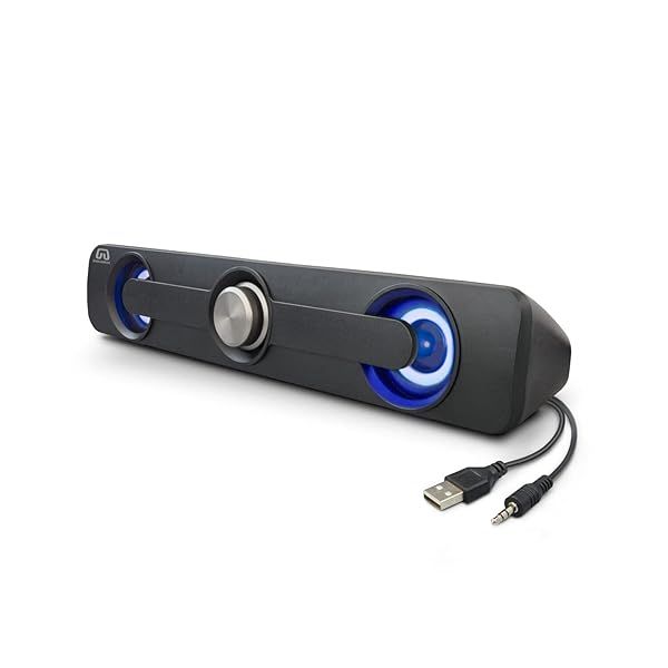 GamesterGear Desktop Compact USB Powered Wired Multimedia Mini Stereo Sound Bar 3.5mm Audio Jack Blue LED 2.5 Watts Speaker