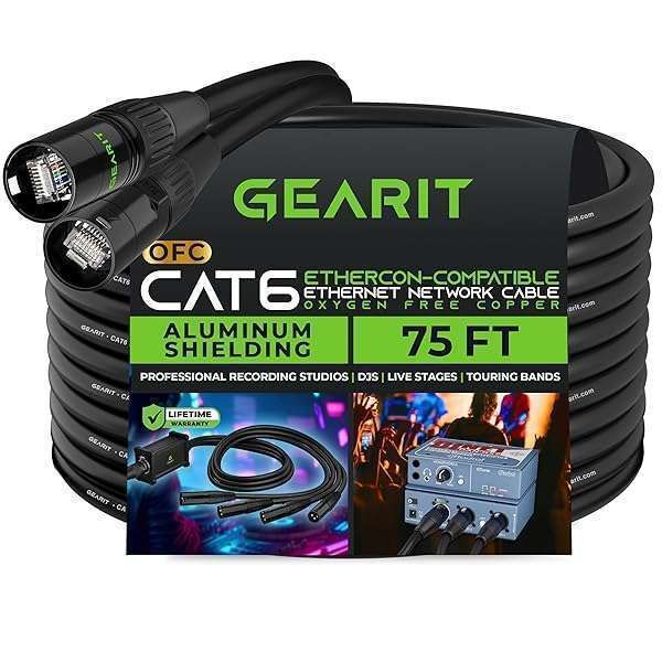 GearIT 75ft CAT6 Ethernet Cable - EtherCON-Compatible, Aluminum Shielded, Pro Audio RJ45 Connectors