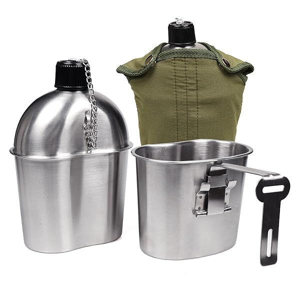 Goetland WWII US Army Canteen Kit: 1QT Stainless Steel Bottle & 0.5QT Cup with Nylon Pouch - Durable Military Gear