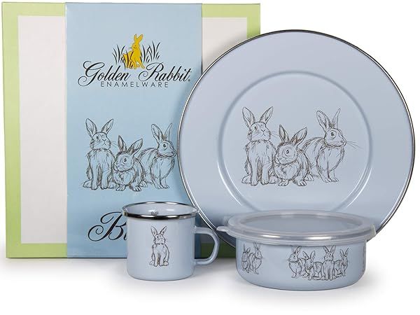 Golden Rabbit Enamelware 3 Piece Child Dinner Set Blue Bunnies Perfect for Kids Dining