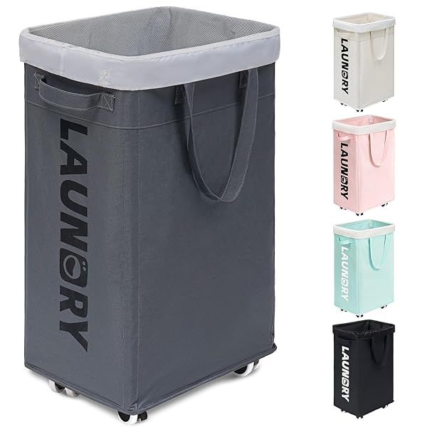Goodpick 75L Collapsible Laundry Basket with Wheels and Removable Wash Bag for Easy Laundry Room Organization Grey