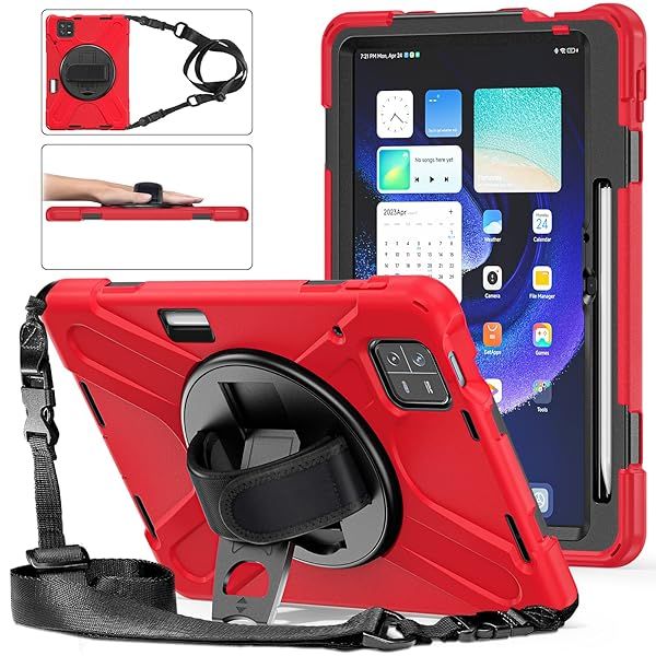 GooodiDEAR Shockproof Case for Xiaomi Mi Pad 6 and Mi Pad 6 Pro with 360 Rotate Stand and Hand Strap in Red for All Ages