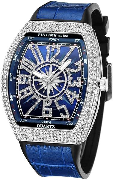 Shop Gosasa Men's Unique Tonneau Watch - Iced Out Bling Quartz Wristwatch with Rubber Strap (Blue Silver)
