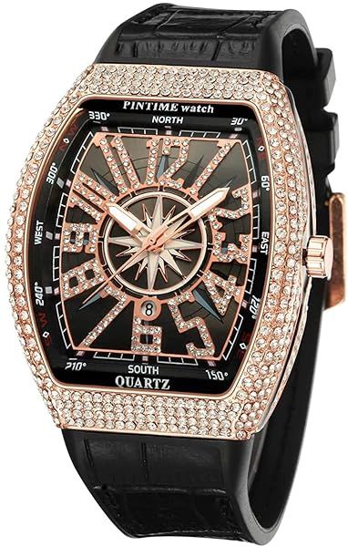 Shop Gosasa Men's Unique Tonneau Watch - Iced Out Bling Quartz Wristwatch in Red & Black Rose Gold