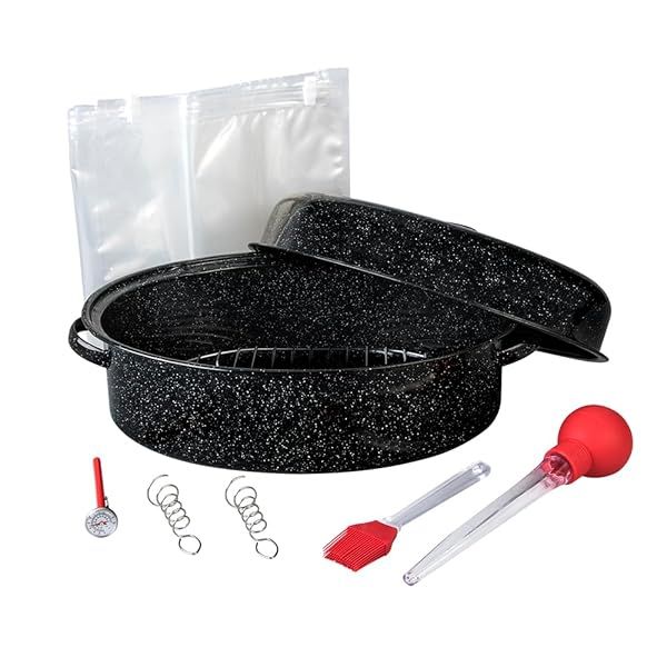 Granite Ware 19 Inch Oval Roaster Set 10 Pieces with Lid Rack Brining Bags Meat Thermometer Turkey Baster and Brush