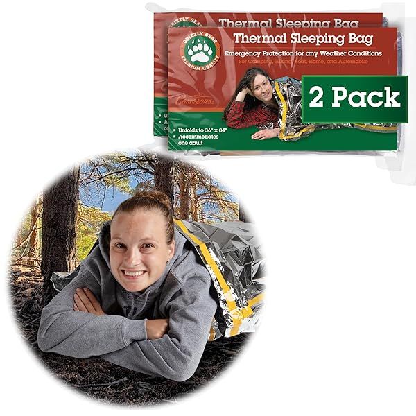 Grizzly Gear Emergency Thermal Sleeping Bags (2 Pack) - Weatherproof Mylar Survival Bivouac | Compact & Reflective Shelter