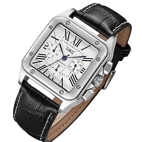 Stylish Men's Mechanical Calendar Watch: Automatic Self-Winding, Roman Numerals & Blue Hands on PU Leather Strap