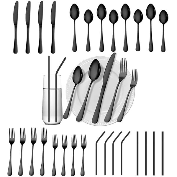 Gutuwellea 28 Piece Black Silverware Set for 4 Stainless Steel Flatware Utensils Dishwasher Safe Cutlery Service