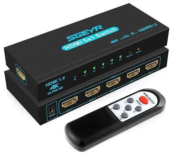 SGEYR 5x1 HDMI Switcher: 5 Port Selector with IR Remote, 4K@30Hz Ultra HD, 3D Support - Perfect for Home Theater!
