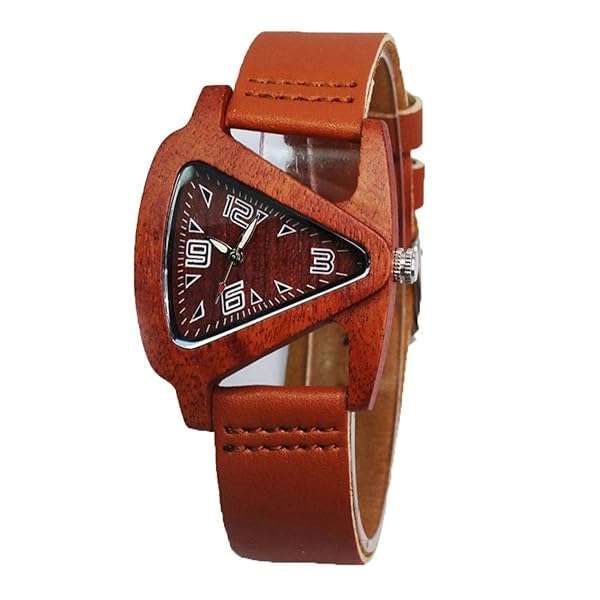 Stylish HJIAN Triangle Red Wood Watch for Women - Leather Band Quartz Bracelet Timepiece