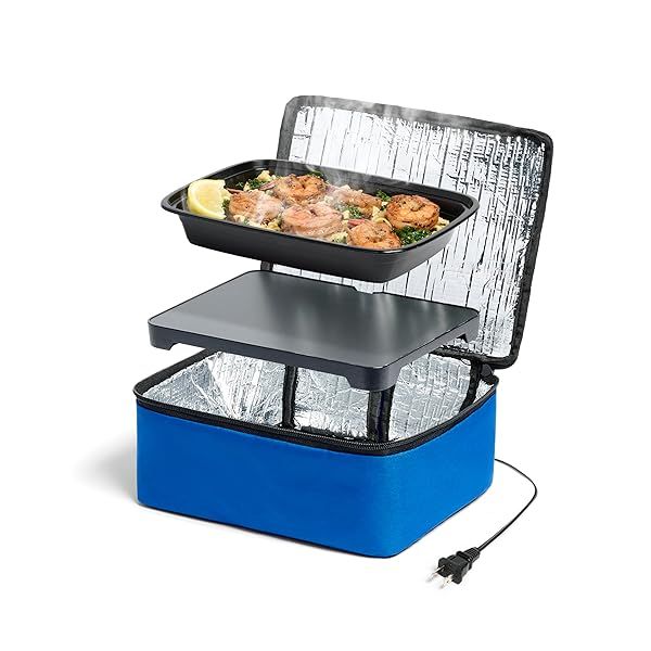 HOTLOGIC Mini Portable Electric Lunch Box - Easy Food Warmer for Home & Car | Cook, Reheat & Keep Food Warm - Blue (120V)