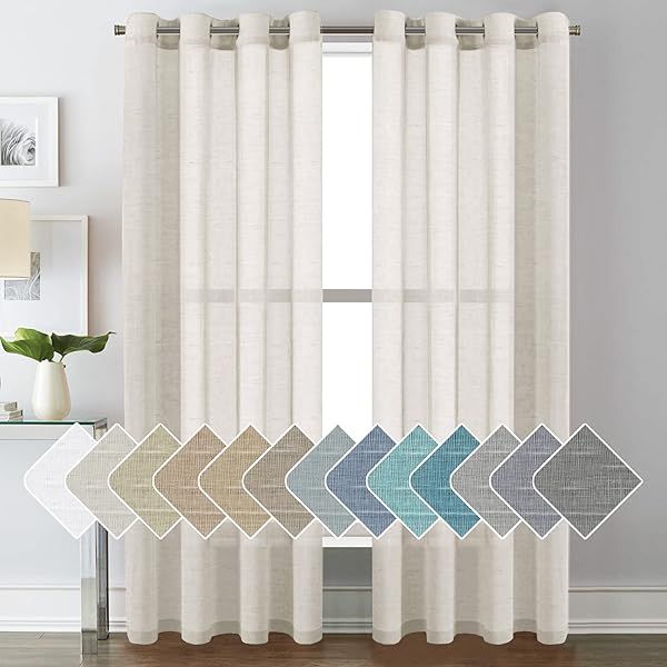 "Shop H.VERSAILTEX Natural Linen Sheer Curtains - 84" Flax Blended Panels for Soft Privacy & Style in Your Living Room"