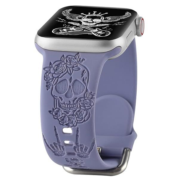 Spooky Halloween Floral Engraved Silicone Band for Apple Watch 42mm 44mm 45mm - Skull Pattern Sport Strap for iWatch Series SE 8 7 6