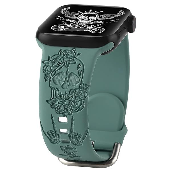 Spooky Halloween Floral Engraved Silicone Band for Apple Watch 42mm 44mm 45mm - Skull Pattern Sport Strap for iWatch Series SE 9 8 7