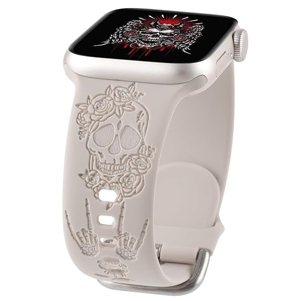 Halloween Skull Silicone Band for Apple Watch 42mm 44mm 45mm - Floral Carved Soft Strap for iWatch Series SE 9 8 7 6 5 4 3 Women