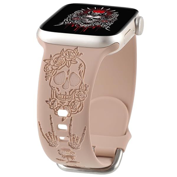 Stylish Halloween Skull Silicone Band for Apple Watch 42mm-45mm | Floral Carved Soft Strap for iWatch Series SE 1-9 - Perfect for Women