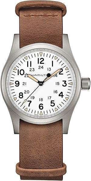 Buy Hamilton Khaki Field Mechanical Watch - 38mm Swiss Made, White Dial, Brown Leather NATO Strap (Model H69439511)