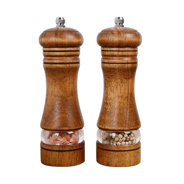 "Haomacro 6.5" Wood Salt and Pepper Grinder Set - Adjustable Ceramic Manual Mills with Acrylic Window (2 Pack)"