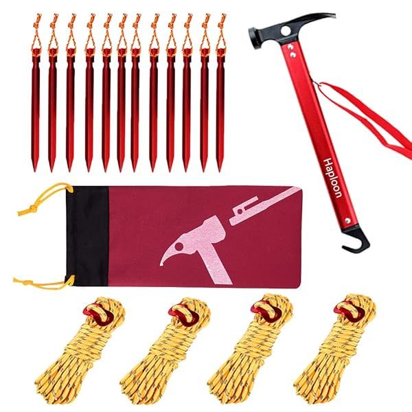 Ultimate Haploon Camping Accessories Kit: Aluminum Mallet, Metal Pegs & Nylon Guyline Rope for Hiking & Backpacking