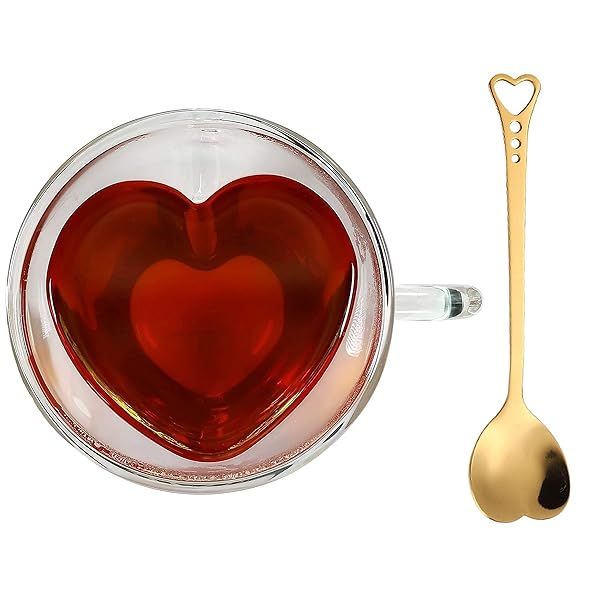 Heart Shaped Double Walled Insulated Glass Coffee Mug Tea Cup 10oz Clear Unique Design with Handle and Teaspoon