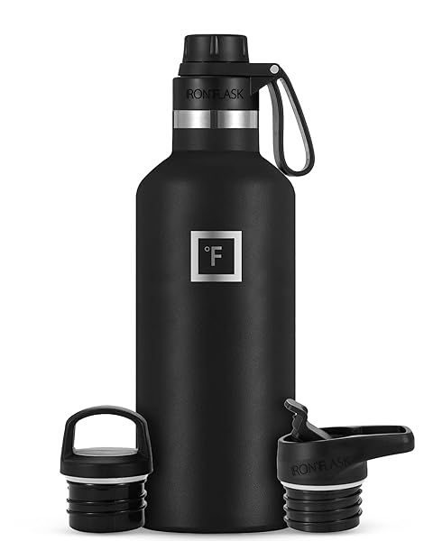 IRON FLASK 32 Oz Camping Hydration Canteen - Leak Proof, Insulated, 3 Lids - Perfect for Hot & Cold Drinks - Midnight Black