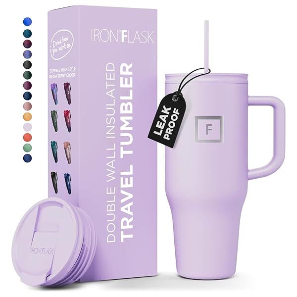 IRON FLASK Co-Pilot Insulated Mug with Straw and Flip Cap 40 Oz Lavender Leak Proof Travel Tumbler for Hot and Cold Drinks