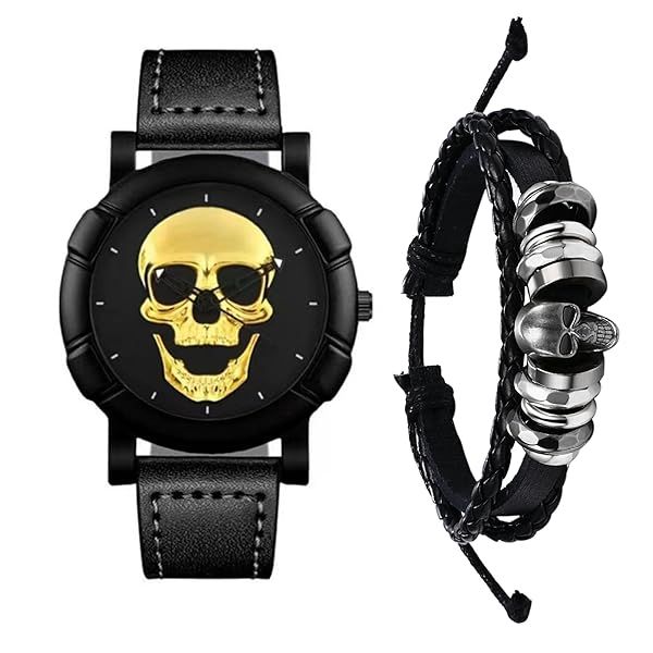Ibohevo Skull Leather Watch Bracelet for Men and Women Gold Steampunk Goth Punk Rock Cuff Wrist Watch