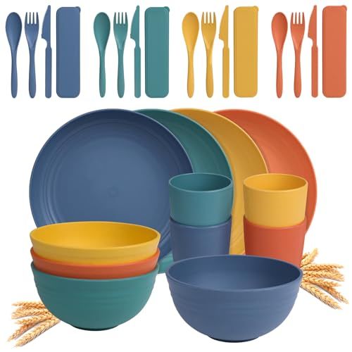 Idyllic 28 Piece Wheat Straw Dinnerware Set for 4 Microwavable Dishwasher Safe Unbreakable Colorful Kitchen Set Plates Bowls Cups