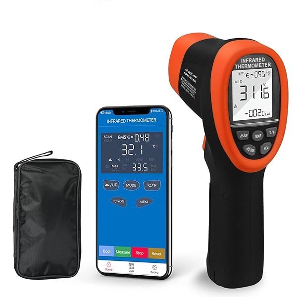 Infrared Thermometer AP-985C-APP Bluetooth Range -58? to 1472? Laser Measure Gun with Data Record and Adjustable Emissivity for Cooking