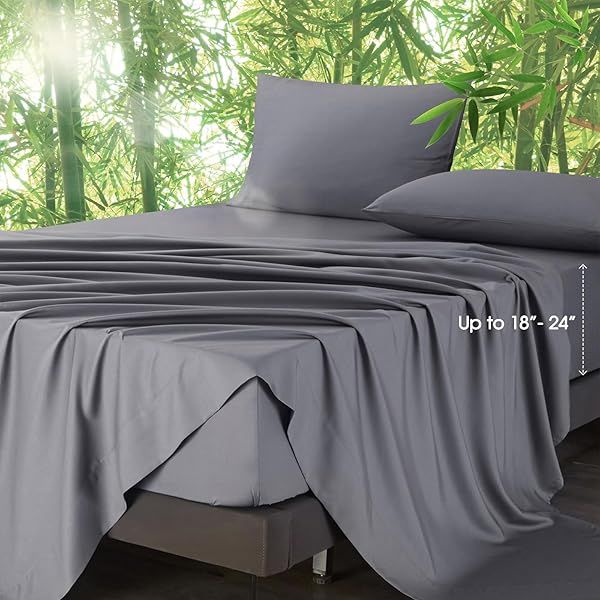 Ivellow Deep Pocket King Sheets Rayon Bamboo Extra Deep Pocket Luxury Cooling Silky Soft Breathable Grey Bed Sheets for King Size Bed