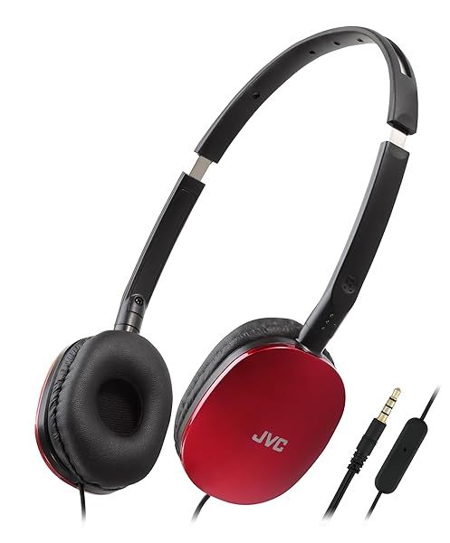 JVC HAS160MR Red Flat Foldable On-Ear Headphones with Remote & Microphone - Colorful, 3.94ft Gold Plated 3.5mm Plug
