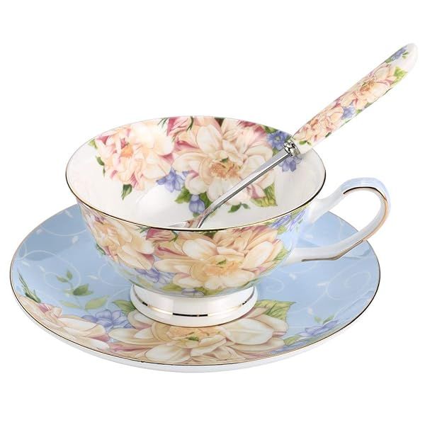 JinGlory Floral Blue Tea Cup & Saucer Set - Elegant Bone China Tea & Coffee Set for Adults, Perfect Gift for Friends & Family