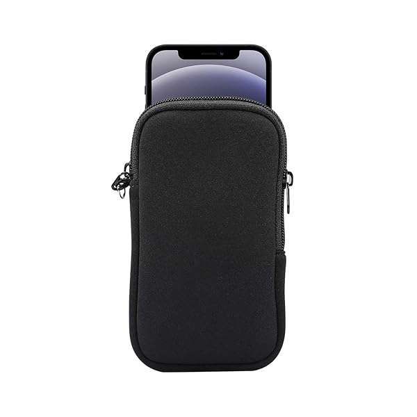 Jlyifan Neoprene Cell Phone Sleeve & Zip Wallet Pouch for iPhone 16/15/14/13/12 & LG Aristo - Black with Neck Strap