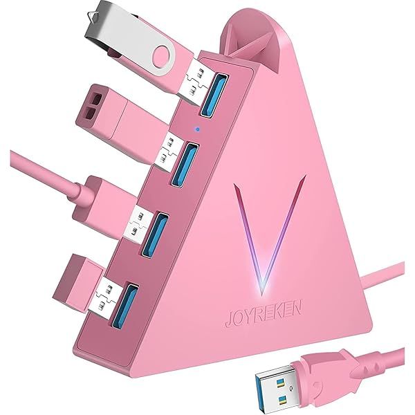 JoyReken 4-Port USB 3.0 Hub - Vertical Data Hub with 2ft Cable for Mac, PC, Xbox, PS4/PS5, iMac, Laptop - Pink