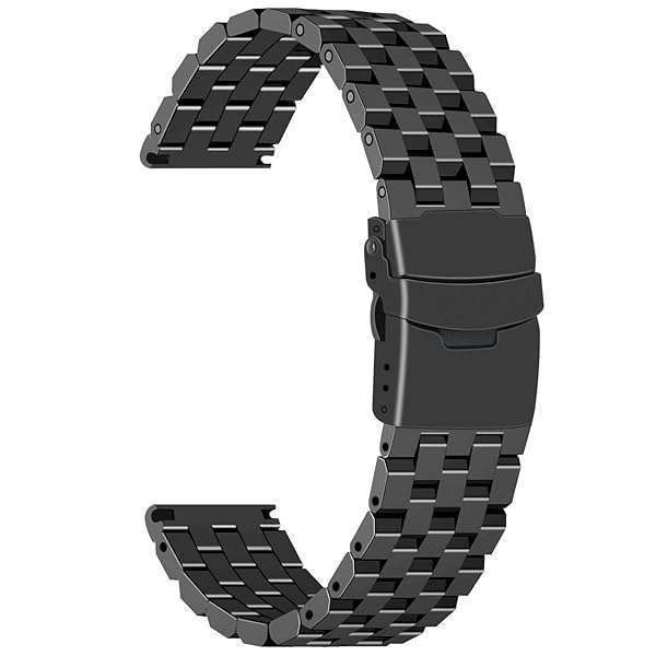 Juntan 26mm Brushed Stainless Steel Black Watch Band - Durable Metal Strap with Double FlipLock Buckle