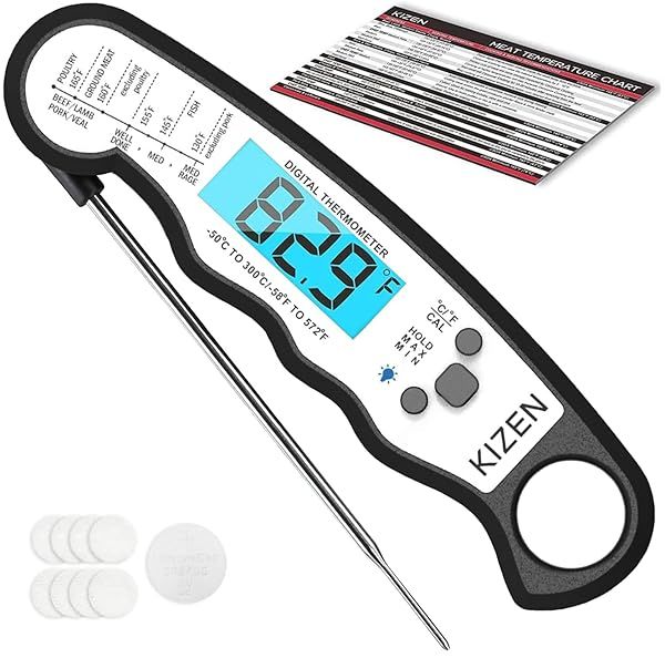 KIZEN Instant Read Meat Thermometer - Waterproof Digital Food Thermometer for Cooking, BBQ & Grill with Backlit Display