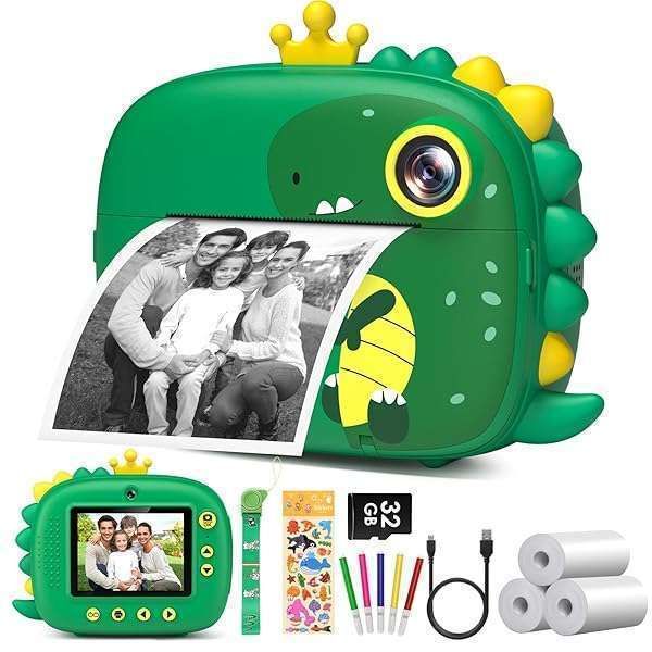 Kids Dinosaur Instant Print Camera - 1080P, 32GB Card | Perfect Birthday & Christmas Gift for Ages 3-12