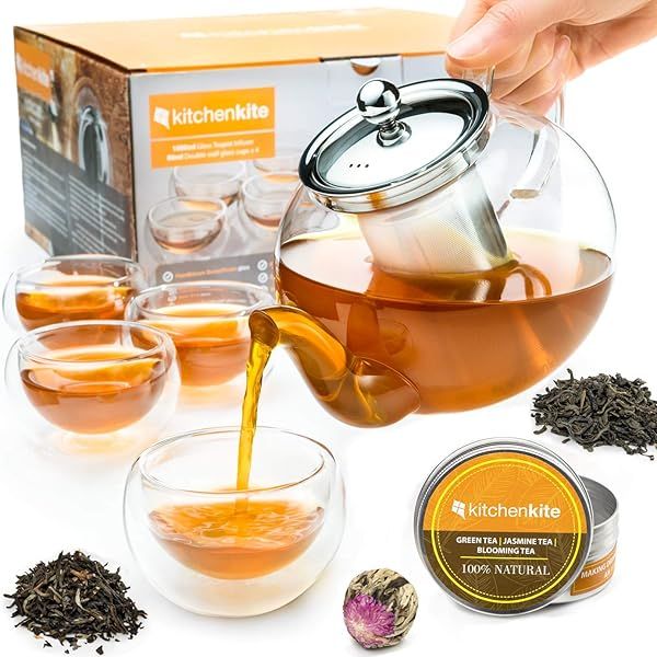 Kitchen Kite Glass Teapot Set with 4 Double Wall Teacups and Infuser Microwave Dishwasher Safe for Blooming Loose Leaf Teas