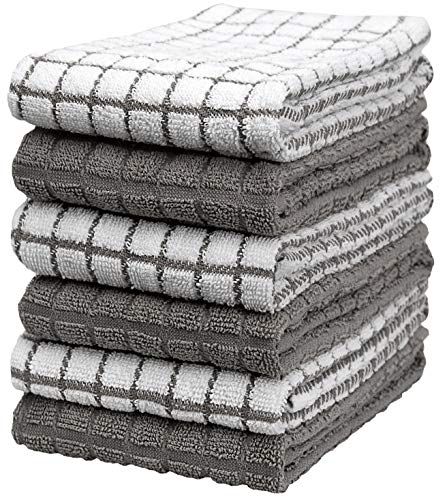 "Highly Absorbent Gray Check Kitchen Towels 16"x28" - 6 Pack Natural Cotton Dish Towels with Hanging Loop"